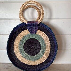 Vintage Round Natural Straw Blue & Purple Beachy Bag